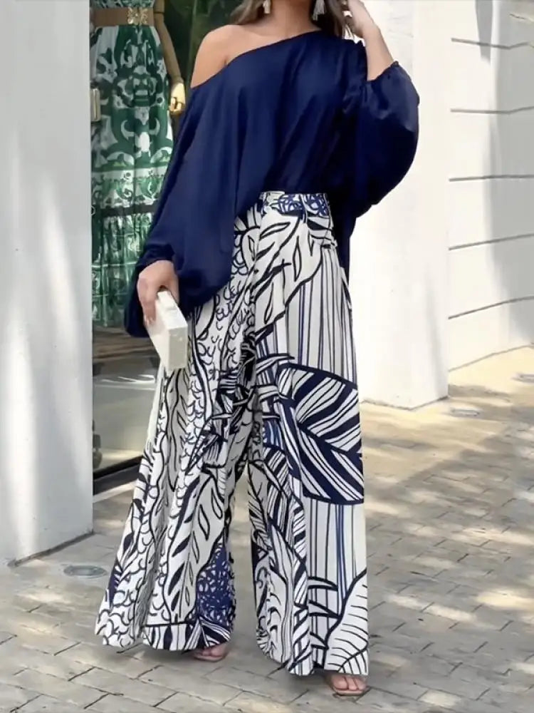 Women T-Shirt High Waisted Printed Wide Leg Pants Casual Suit