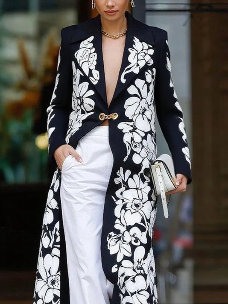  New Women Contrast Printed Long Trench Coat 