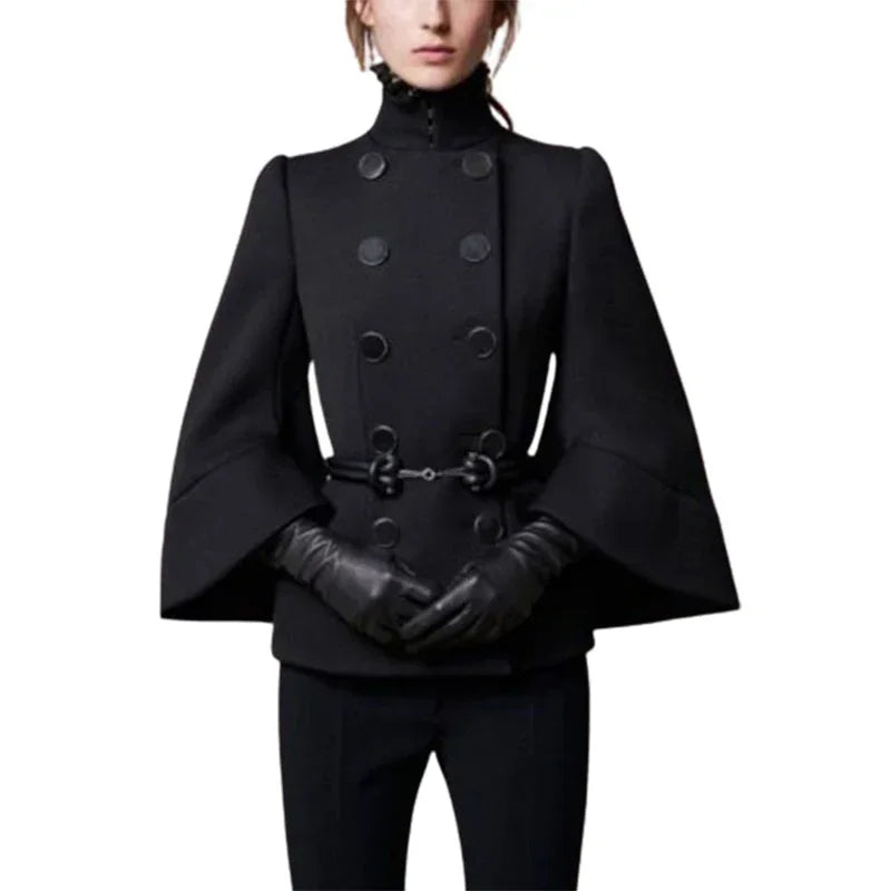 Fusion New Women Fashion Double-Breasted Jacket Coat Solid Black High Neck Flared Sleeves 