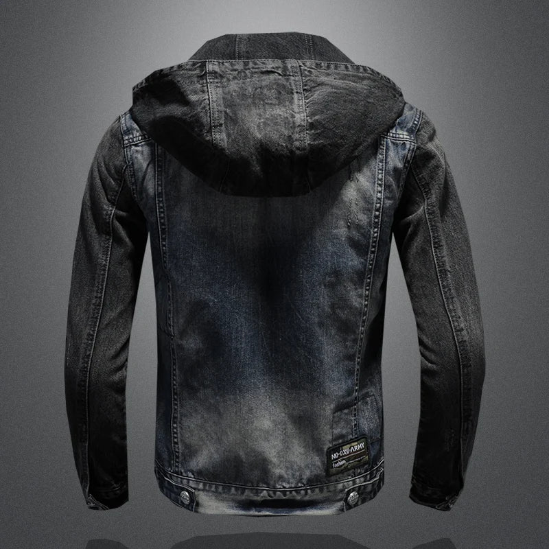2024 High-Quality Fashion All-In-One Hooded Denim Coat Men Have Large Size C Personality Embroidered Light Colored Denim Coat