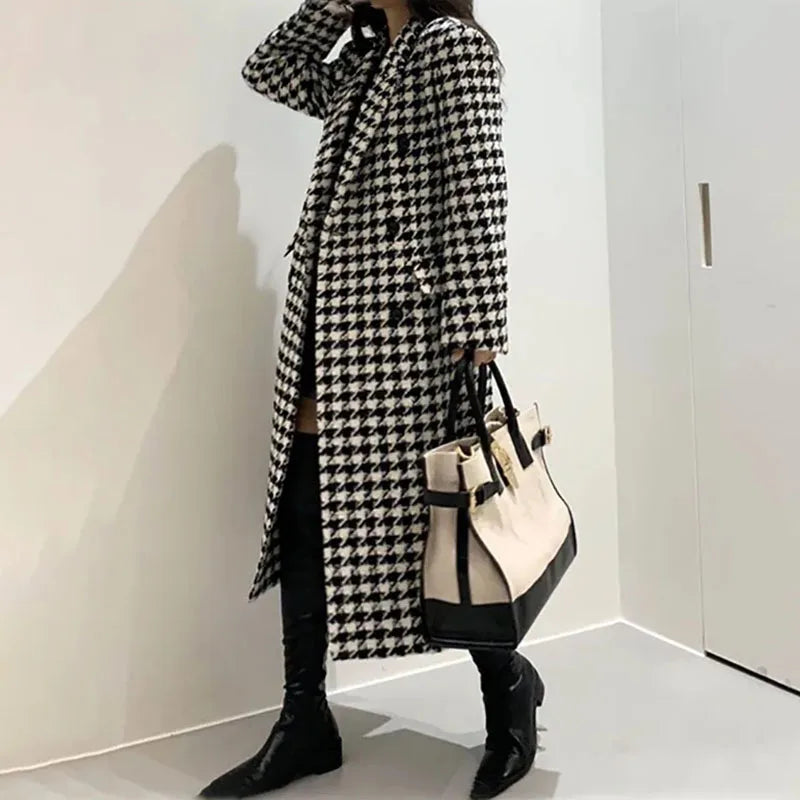 New Women Modern Fashion Houndstooth,Wool Jacket Women Autumn,Single Breasted Long Overcoat 