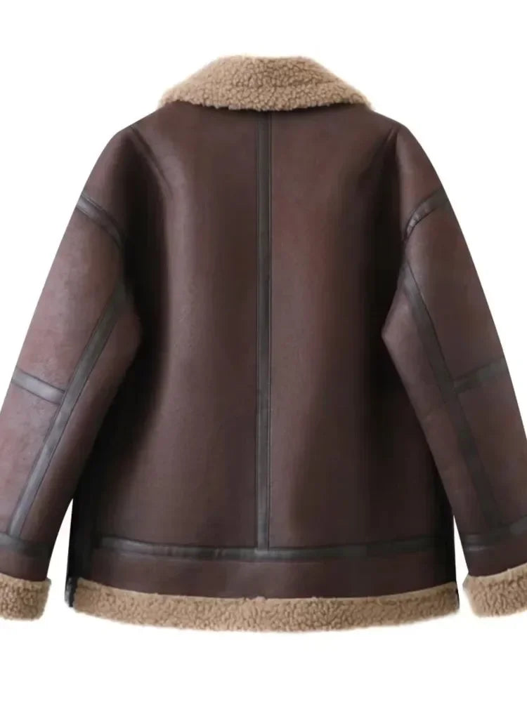 New Fusion Women Warm Coats Thick Faux Leather Jacket Vintage Lapel Long Sleeve Zipper Overcoat 