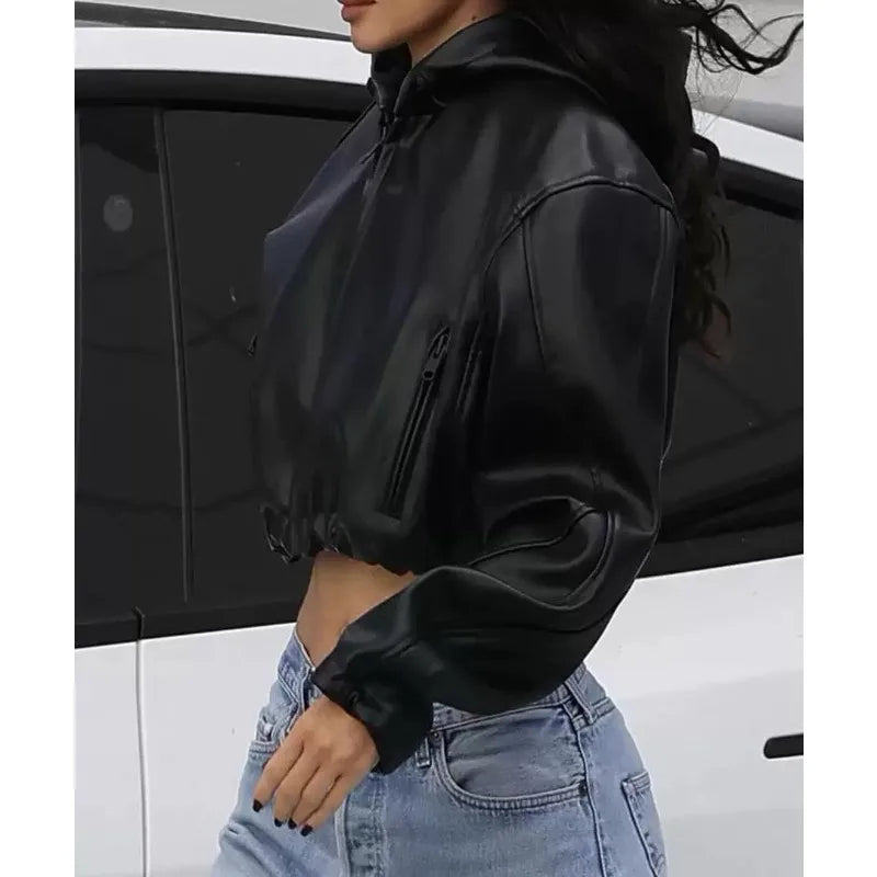 New Women Hooded Long Sleeve Leather Jacket 