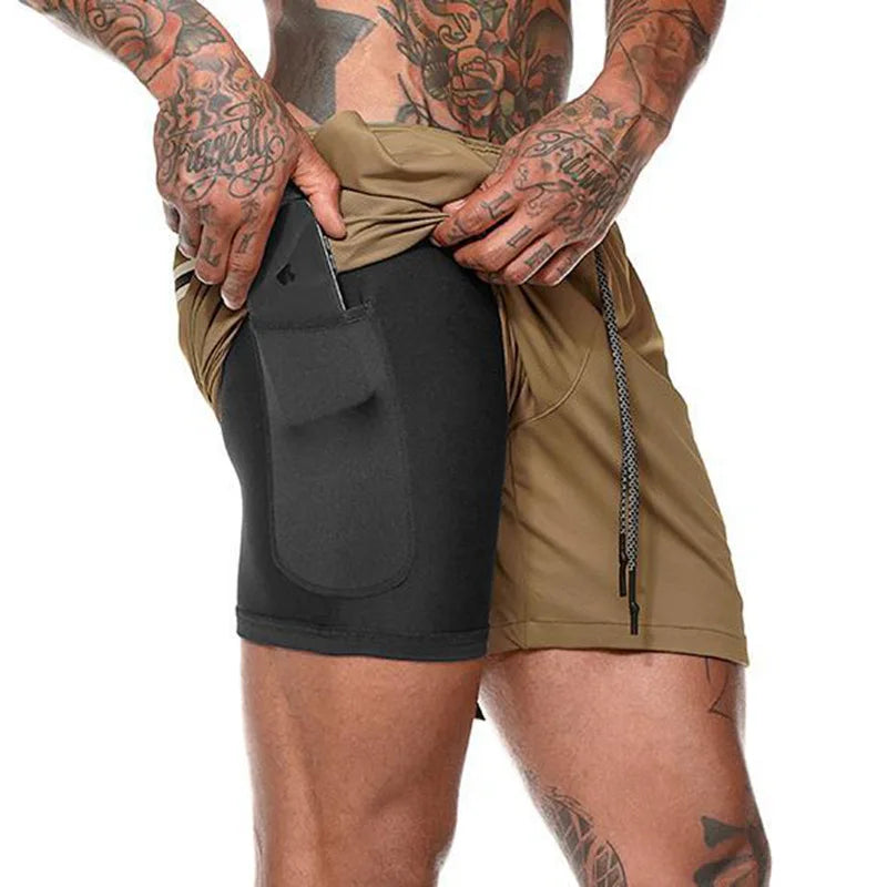 Modern 2 in 1 Compression Shorts for Men Gym Workout Running Shorts with Phone Pockets 