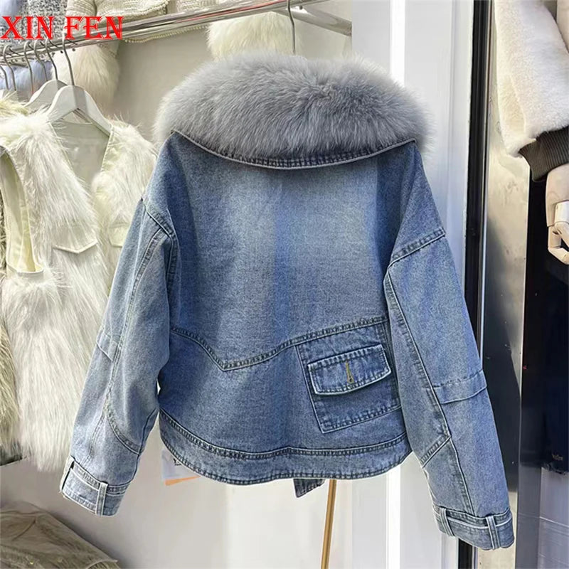 2024 Winter Women New Luxury Fox Fur Big Collar Goose down Denim down Jackets Short Warm Casual Jacket Coat