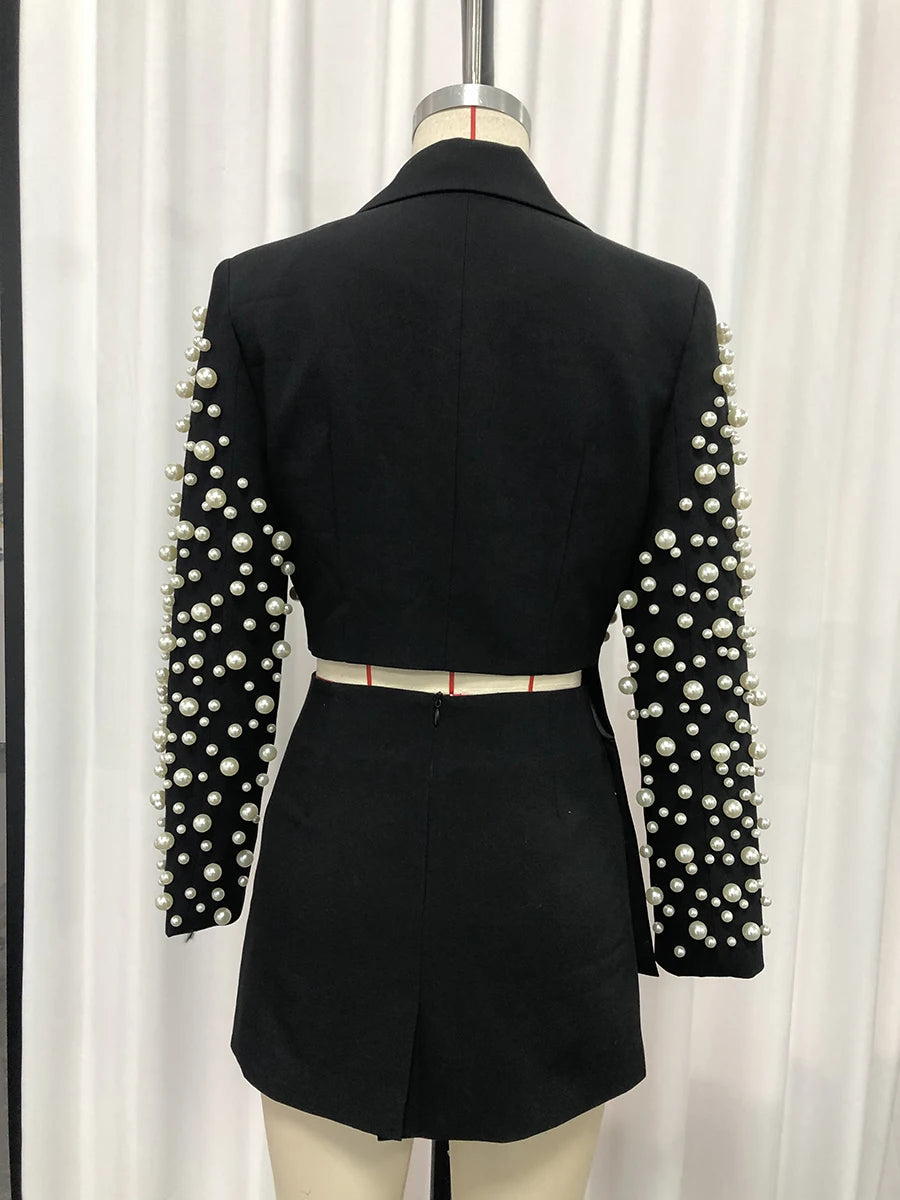 Modern Spliced Pearls Two Piece Women Skirt Office Suit 