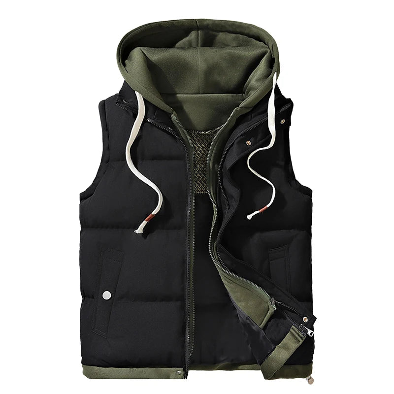 Mens Hooded Vest  Casual Sleeveless Cotton Jacket 