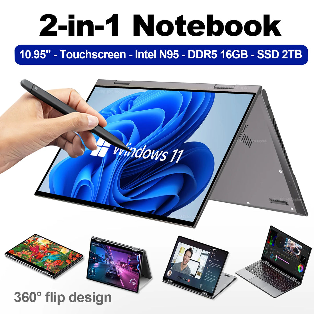 New 2 in 1 Touchscreen 10.95" Laptop 360° Flip Laptop  Celeron N95 Windows 11 16GB DDR5 2TB SSD Aluminum Alloy Body Notebook PC