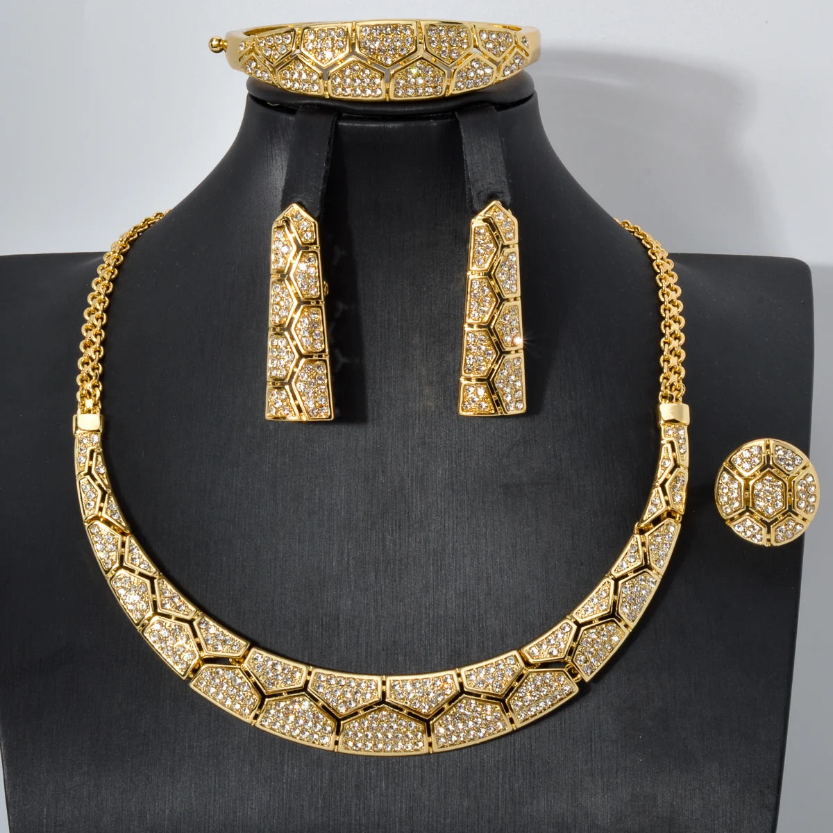 New Women Zircon Classic Gold Plated Earrings Necklace Set