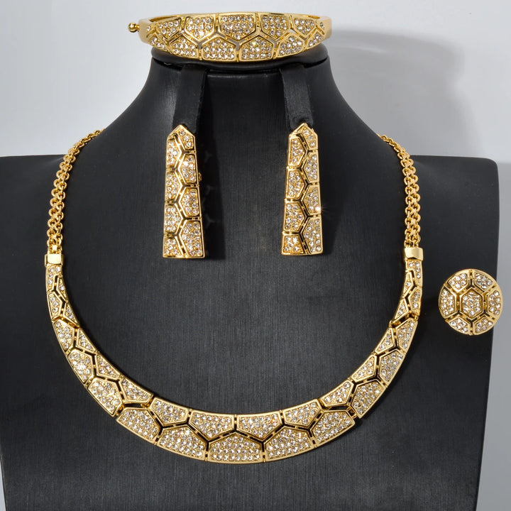 New Women Zircon Classic Gold Plated Earrings Necklace Set