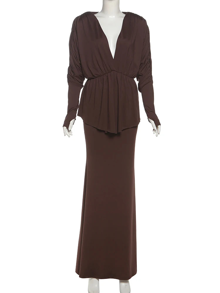 New 2-Piece Set Women V-Neck Shoulders Tops Long Skirts Fashion Wear
