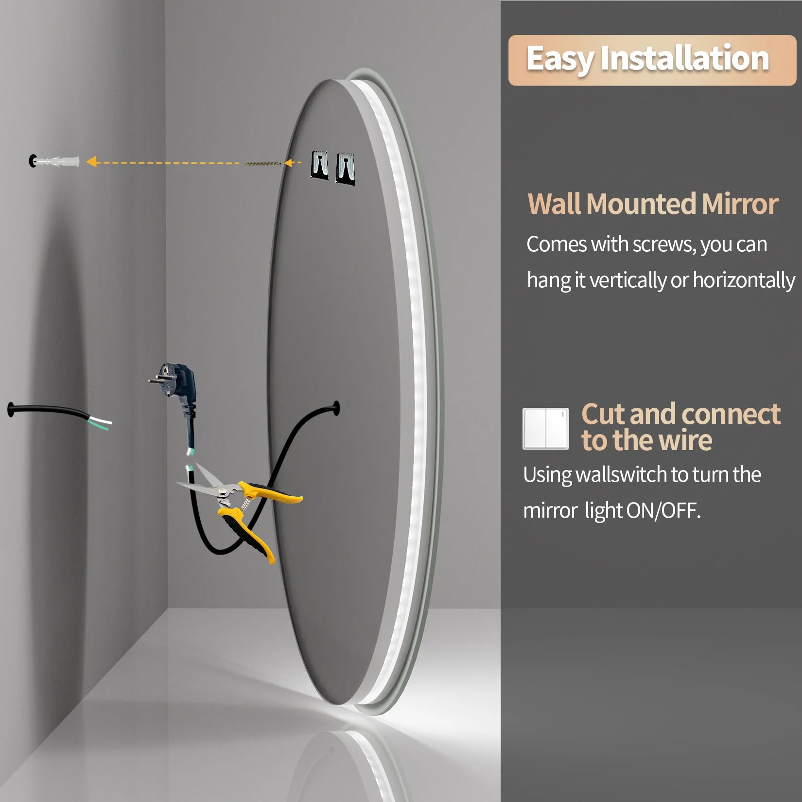 Smart Touch LED round Wall Mounted Vanity Mirror with Demister