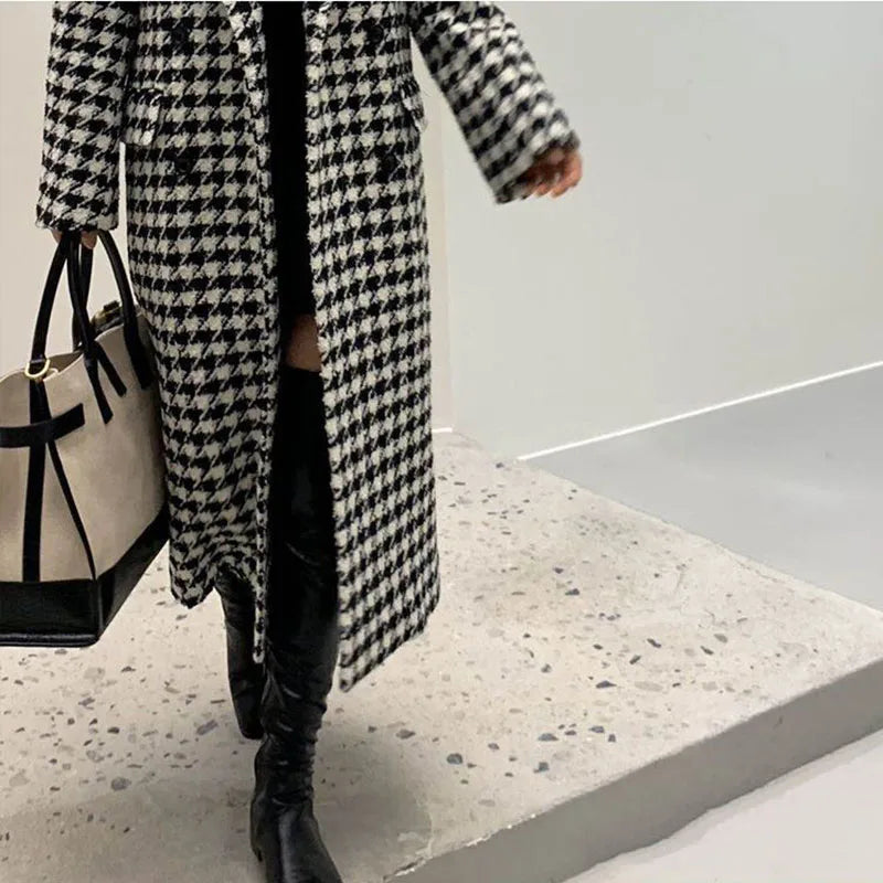 New Women Modern Fashion Houndstooth,Wool Jacket Women Autumn,Single Breasted Long Overcoat 