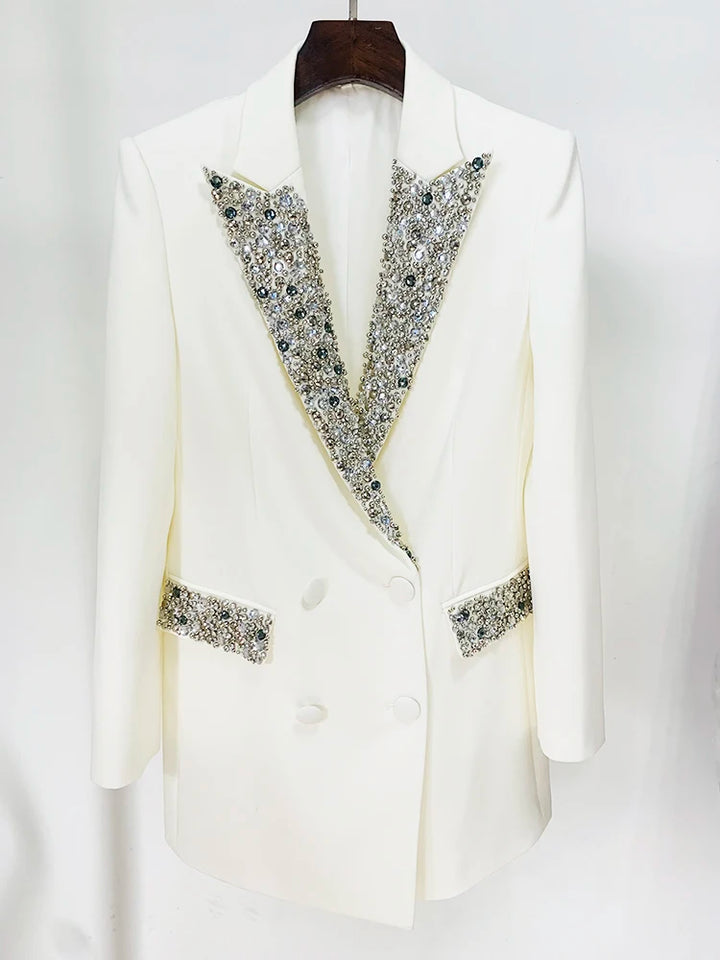 Premium Women Fashion Jacket Slim Fitting Luxury Rhinestone Diamonds Beaded Long Blazer