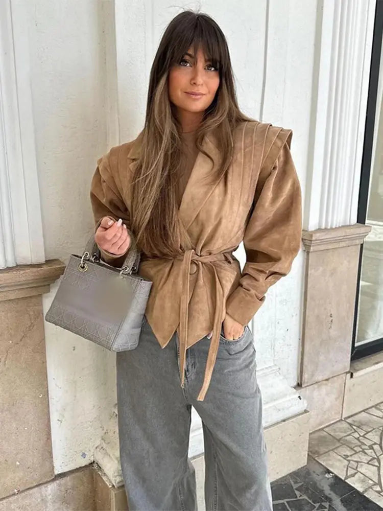 Elegant Pu Leather Patchwork Jacket with Belt Women Fashion Long Sleeves Drawstring Tie Coat 2024 Female Thick Street Outwear