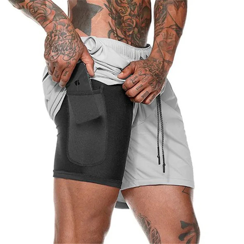 Modern 2 in 1 Compression Shorts for Men Gym Workout Running Shorts with Phone Pockets 