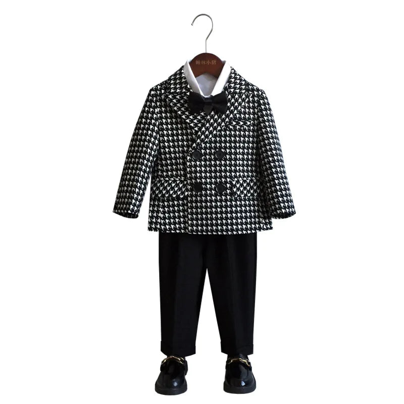 New Children'S Houndstooth Formal Suit Set Boys Wedding Birthday Party Performance Costume Kids Double Breasted Blazer Pants Clothes