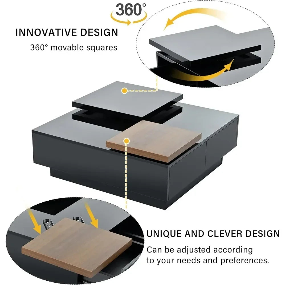 Modern 2024 Elite Design Coffee Table with Drawers, Modern Square, High Gloss Center Table with Storage and Removable Top