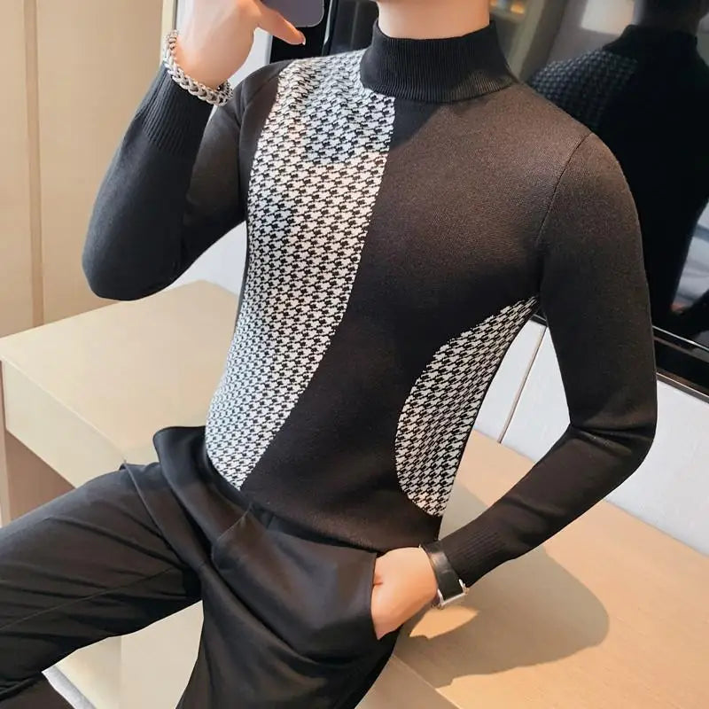 Men Italian Fashion Casual  Autumn Winter Half Turtleneck Sweater Jacquard Knitted Pullover Long Sleeve Warm Top