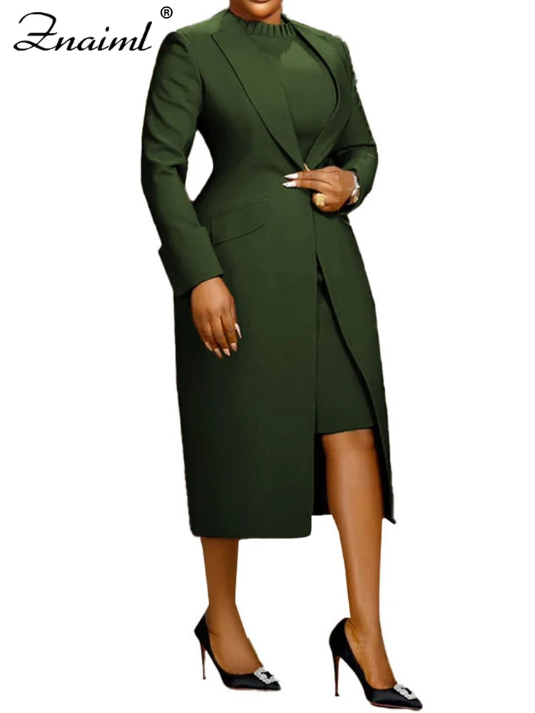 New Fusion Elegant Office Lady Long Blazer with Dress 2 Pieces Business African Streetwear Outfits