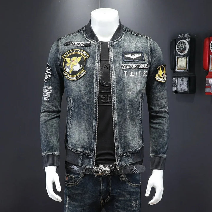 Mens Stylish Bomber Jacket Heavyweight Embroidered  Coat Baseball Collar Motorcycle Jeans Coat Flight Cowboy Jacket 