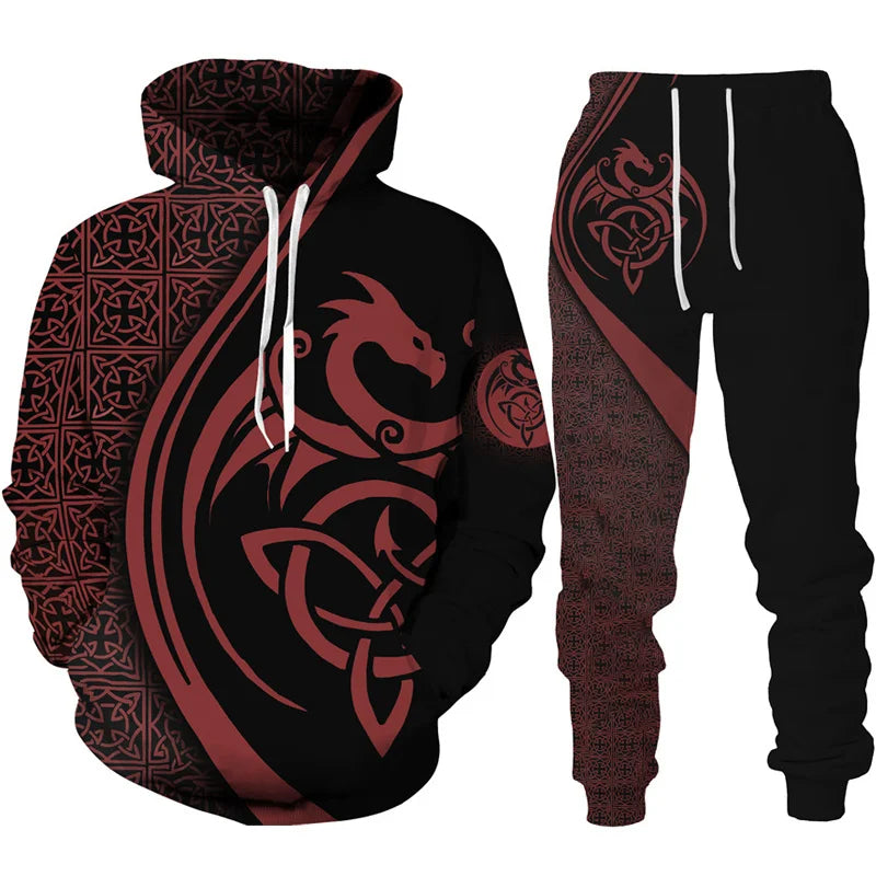 New 3D Hoodie Pant Dragon Print Track Suit Set