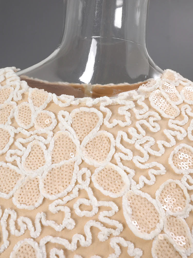 New Modern Fashion Beige Lace Embroidery Women Dress