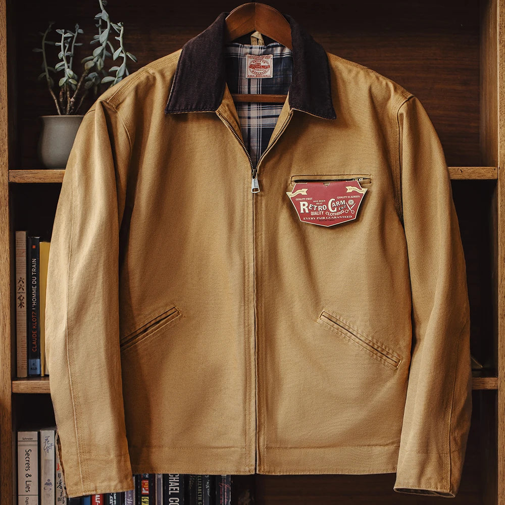 Retro Canvas Detroit Hunting J001 Jacket with Heavyweight Cotton Pockets Design Lapel Collar Zipper Coat for Men'S Autumn