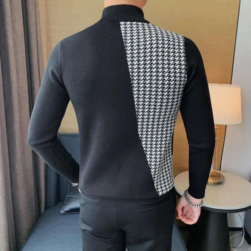 Men Italian Fashion Casual  Autumn Winter Half Turtleneck Sweater Jacquard Knitted Pullover Long Sleeve Warm Top