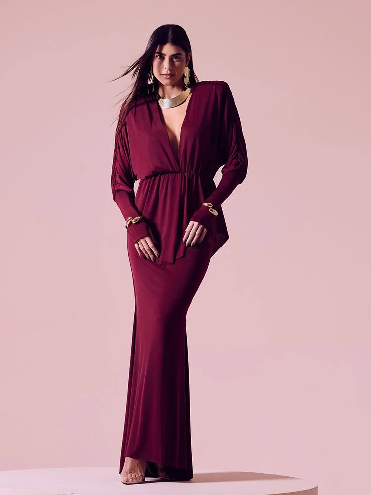 New 2-Piece Set Women V-Neck Shoulders Tops Long Skirts Fashion Wear