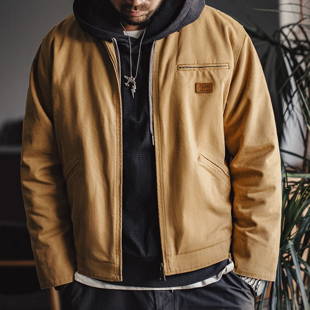 Retro Canvas Detroit Hunting J001 Jacket with Heavyweight Cotton Pockets Design Lapel Collar Zipper Coat for Men'S Autumn