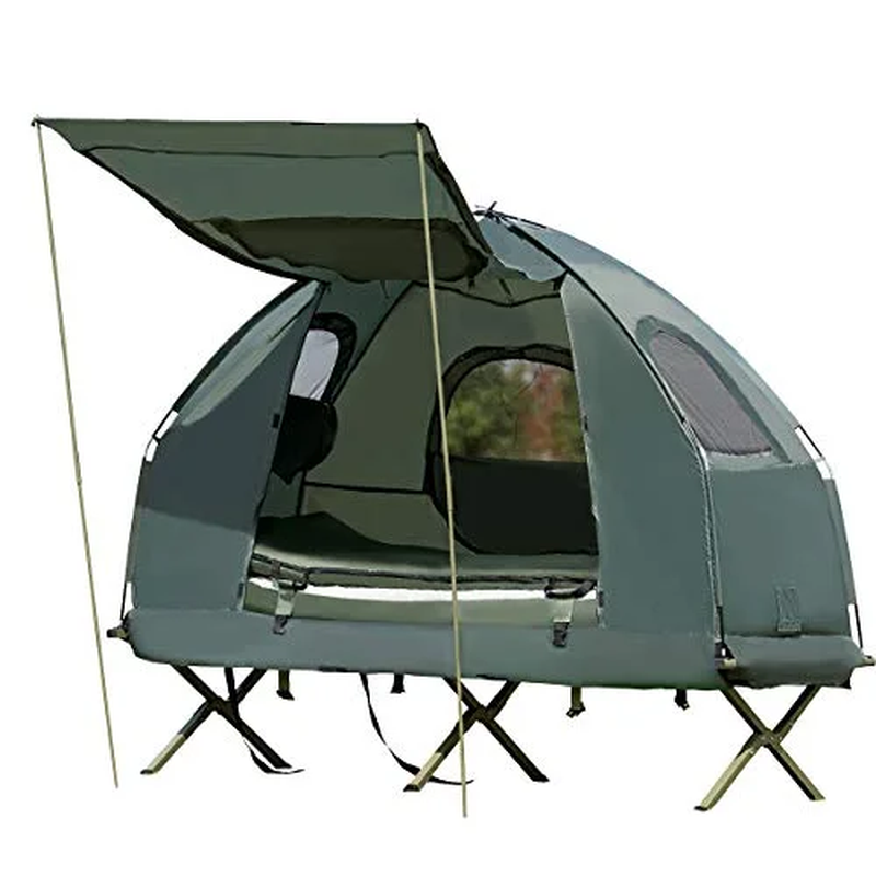 Green camping tent with attached cot on a white background