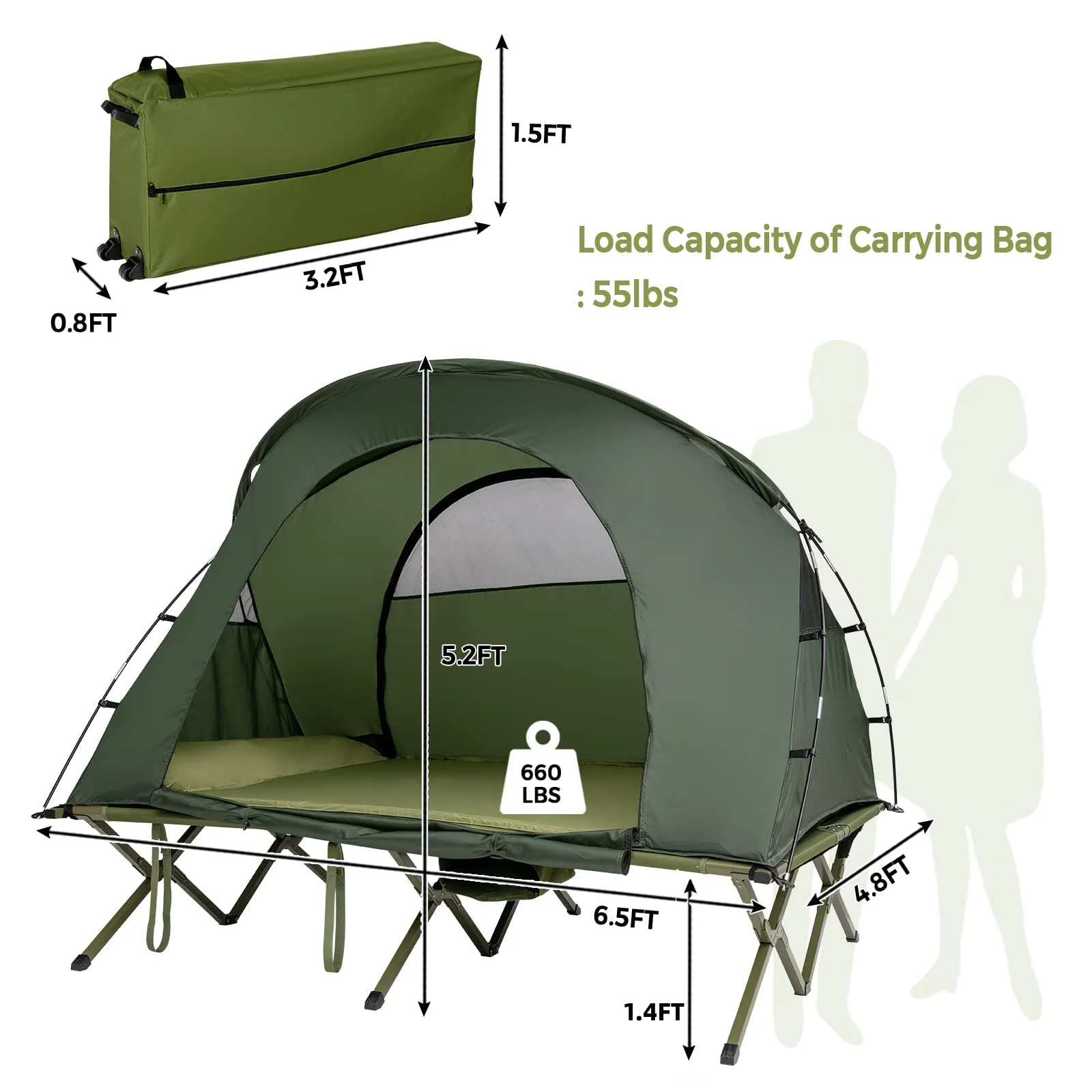 Green camping cot with dimensions and load capacity information on a white background