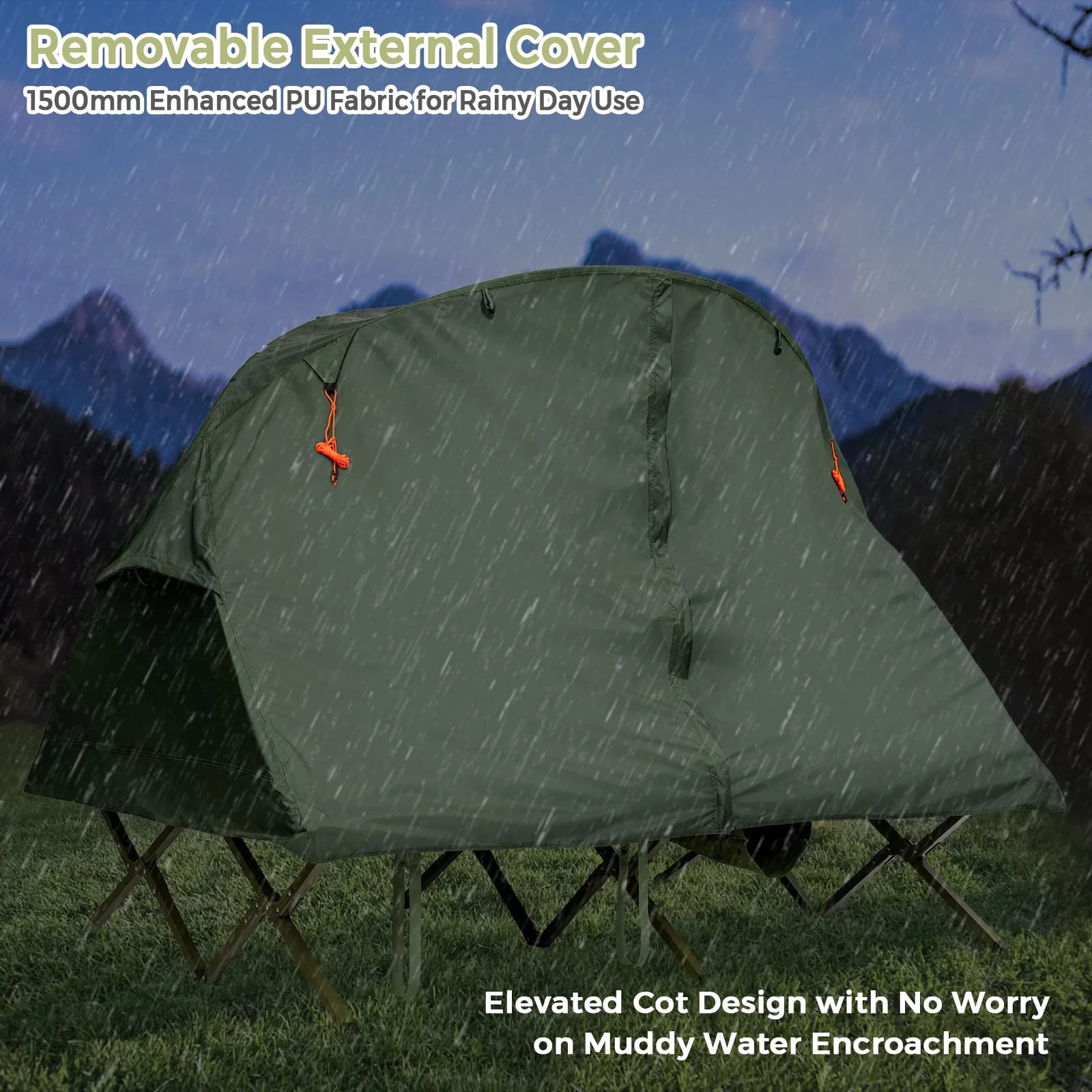 Green camping cot with a removable cover in a rainy outdoor setting