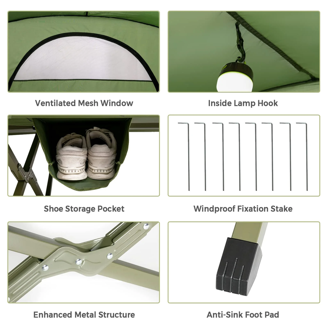 Collapsible camping chair with features highlighted including a ventilated mesh window, lamp hook, shoe storage pocket, windproof stake, metal structure, and anti-sink foot pad.