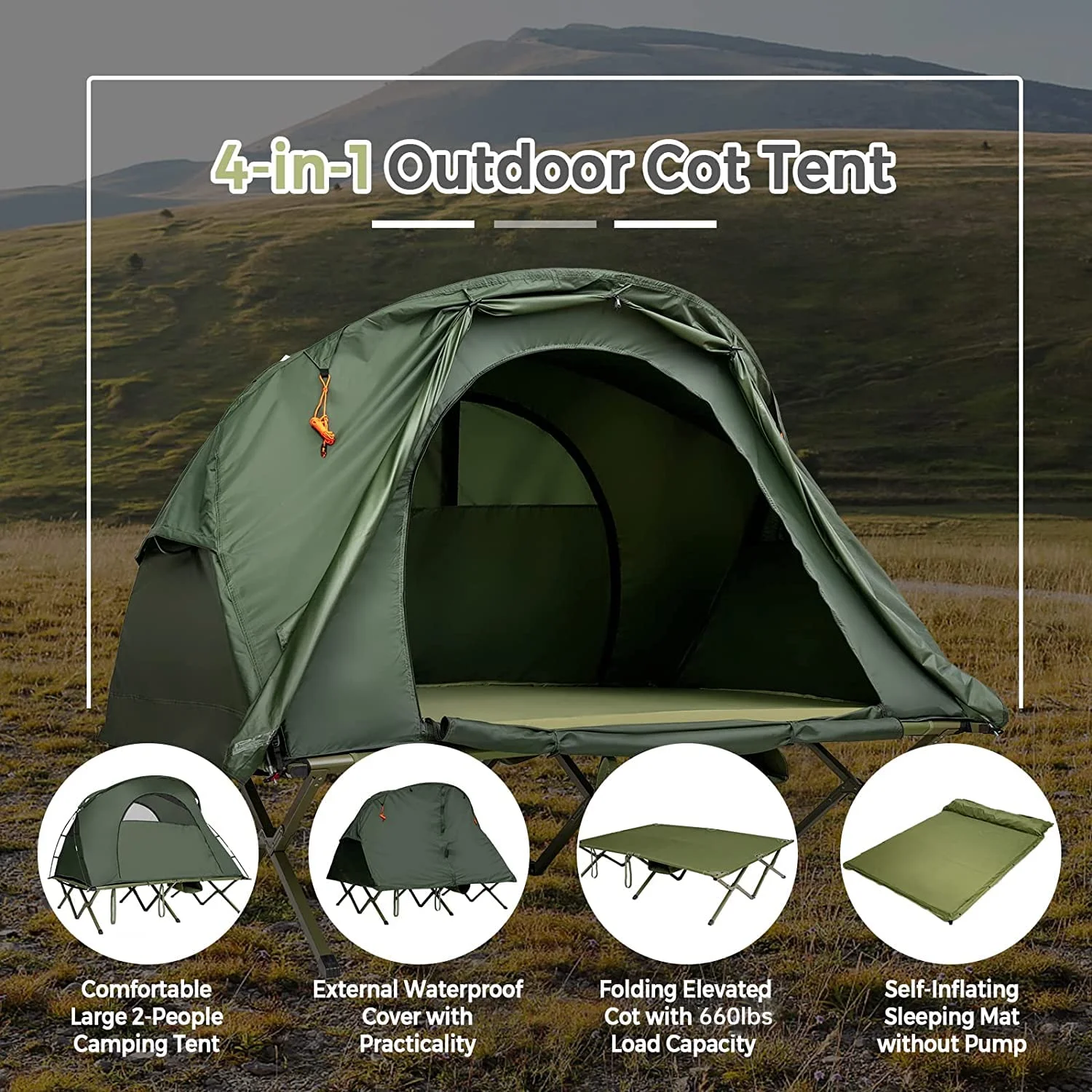 New Self-Inflating Portable Off-Ground Elevated Tent – Double-Layer All-Season Waterproof Camping Shelter with Rainfly
