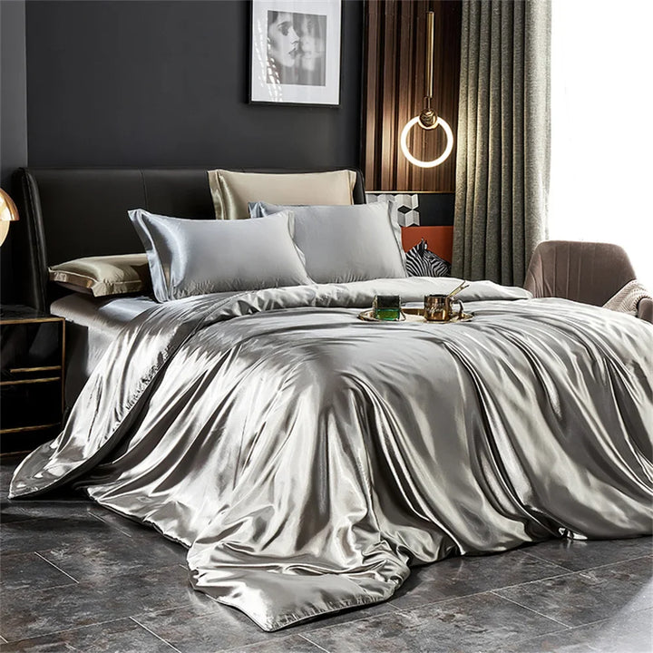 New Solid Silk Bedding Set with Duvet Cover Bed Sheet Satin Sheets 