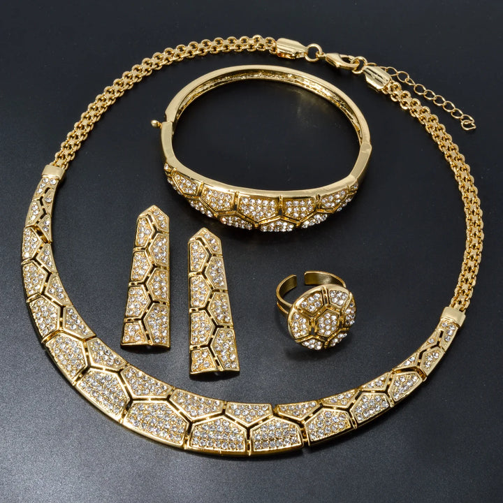 New Women Zircon Classic Gold Plated Earrings Necklace Set