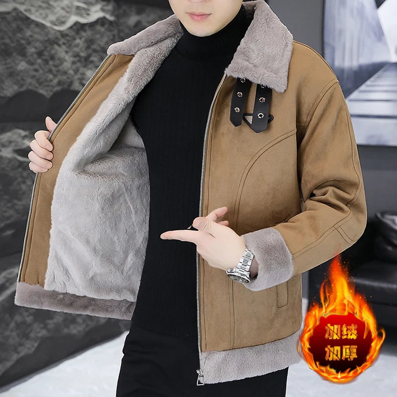 New High Quality Winter Fur Leather Jacket Men Fashion plus Velvet Padded Warm Men's Jacket 