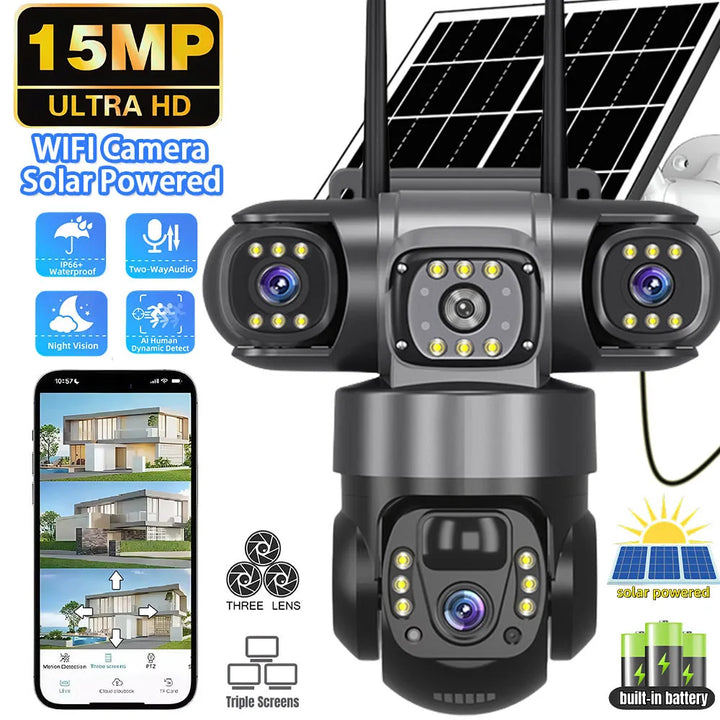15MP High End Solar Camera Three Lens Built-In Battery CCTV Security