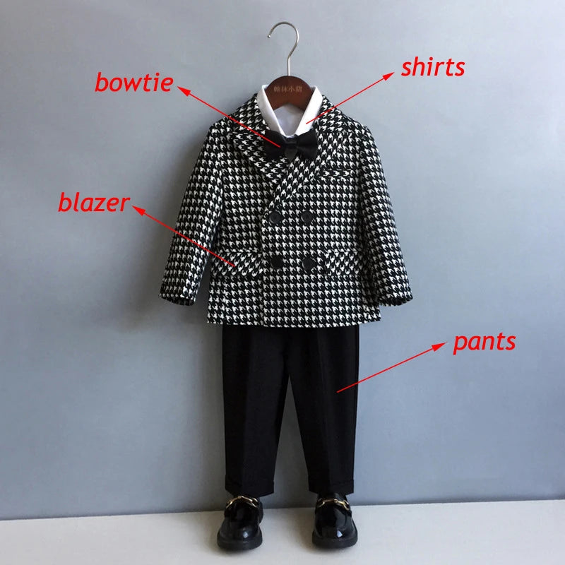 New Children'S Houndstooth Formal Suit Set Boys Wedding Birthday Party Performance Costume Kids Double Breasted Blazer Pants Clothes