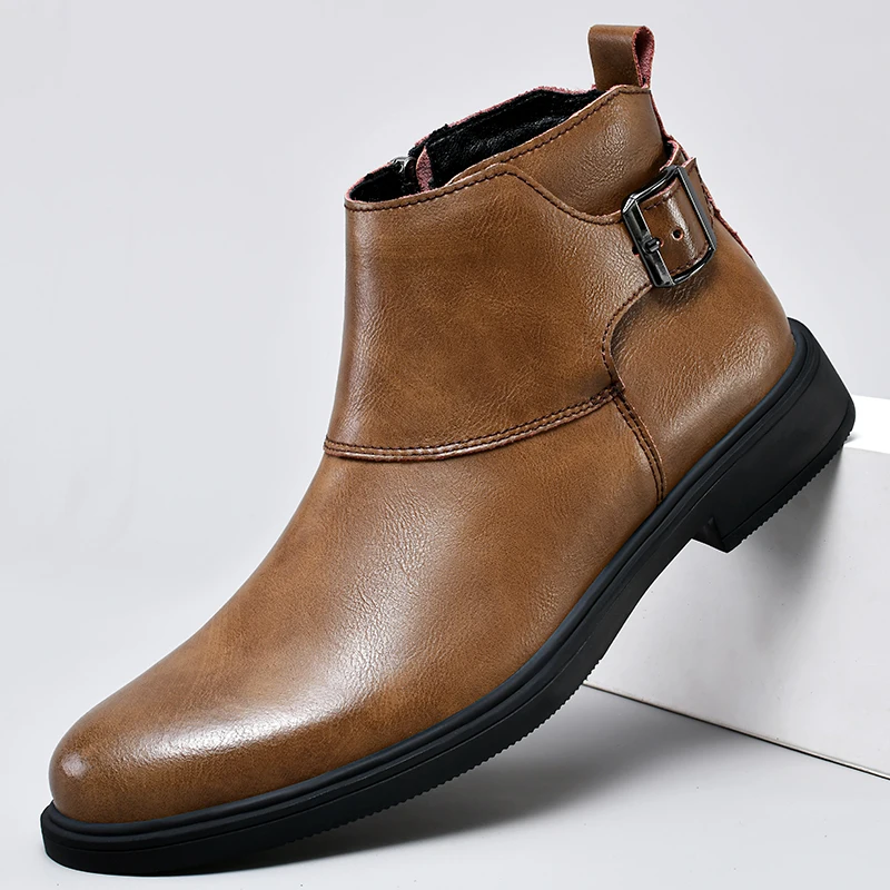 Brown leather boot with a buckle on a white background