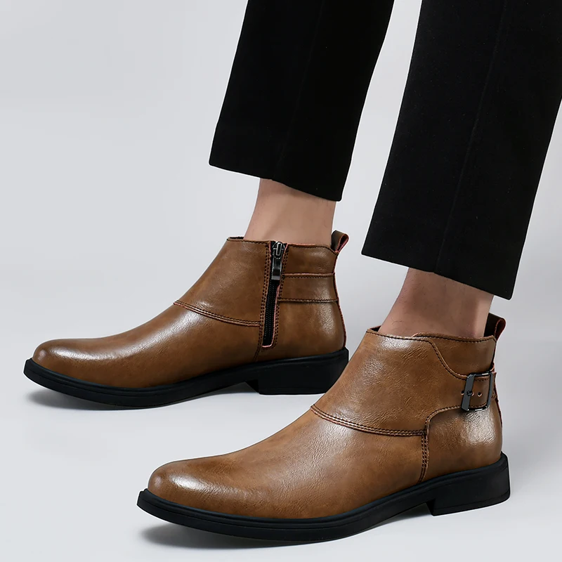 Men's Genuine Leather Shoes Side Zipper Formal Ankle Boots