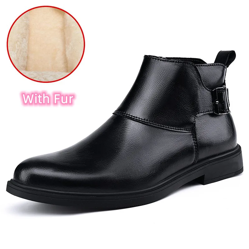 A black faux-leather ankle boot with a side buckle strap, shown on a white background with a circular inset highlighting the warm beige faux-fur lining and the text 'With Fur'.