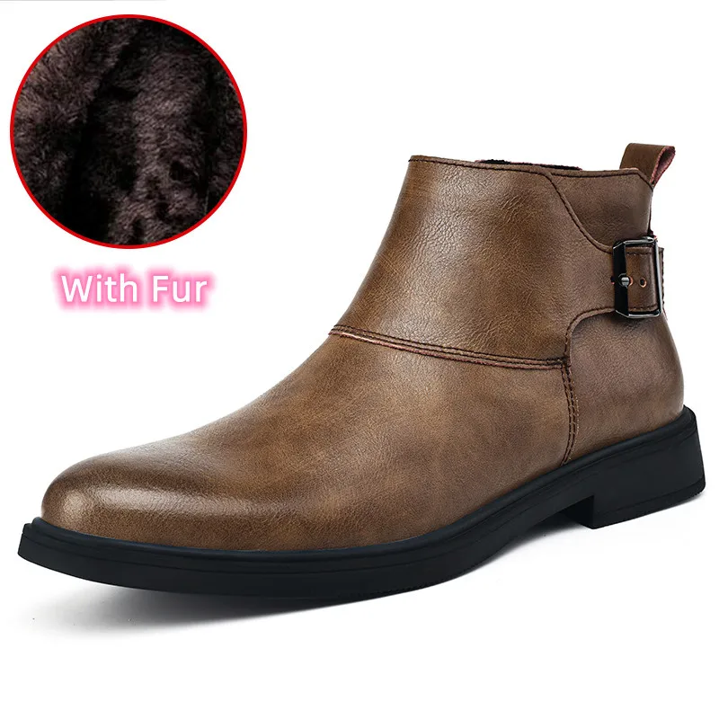 A brown faux-leather ankle boot with a black sole and buckle detail, shown on a white background with a circular inset highlighting its dark brown faux-fur lining and the text 'With Fur'.