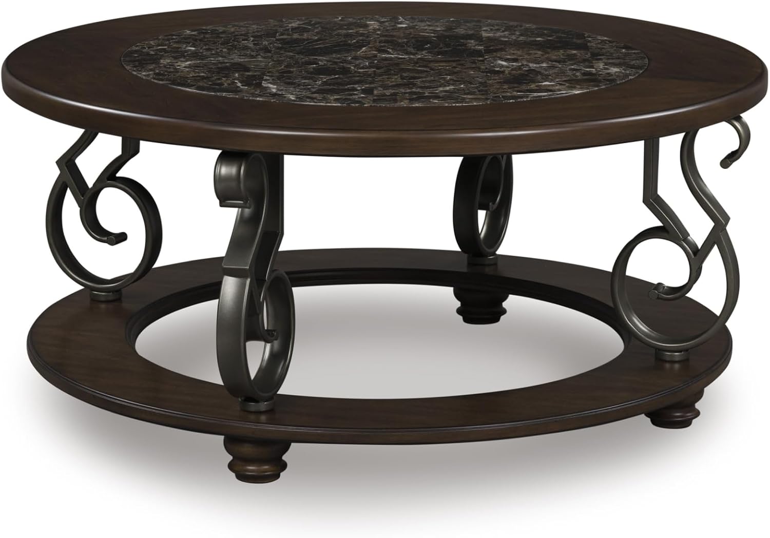 Vintage Classic Coffee Table – Dark Brown Finish with Metal Legs & Bun Feet, Traditional Living Room Center Table