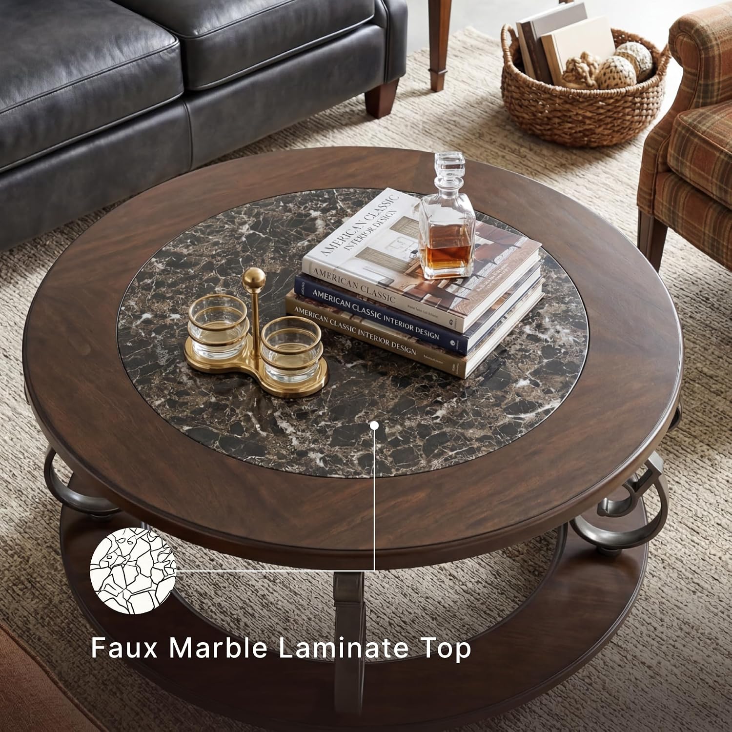 Vintage Classic Coffee Table – Dark Brown Finish with Metal Legs & Bun Feet, Traditional Living Room Center Table