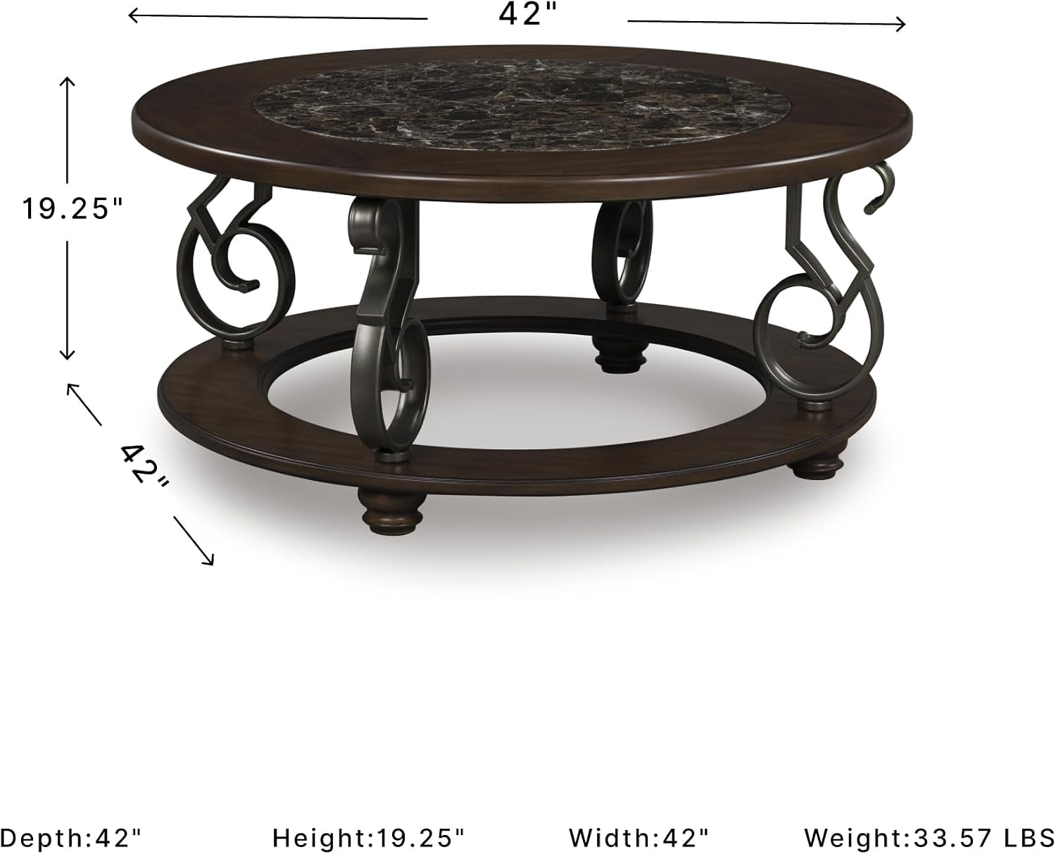 Vintage Classic Coffee Table – Dark Brown Finish with Metal Legs & Bun Feet, Traditional Living Room Center Table