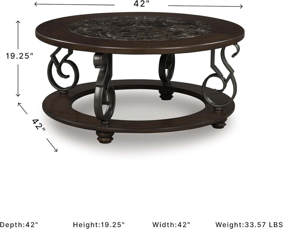 Vintage Classic Coffee Table – Dark Brown Finish with Metal Legs & Bun Feet, Traditional Living Room Center Table