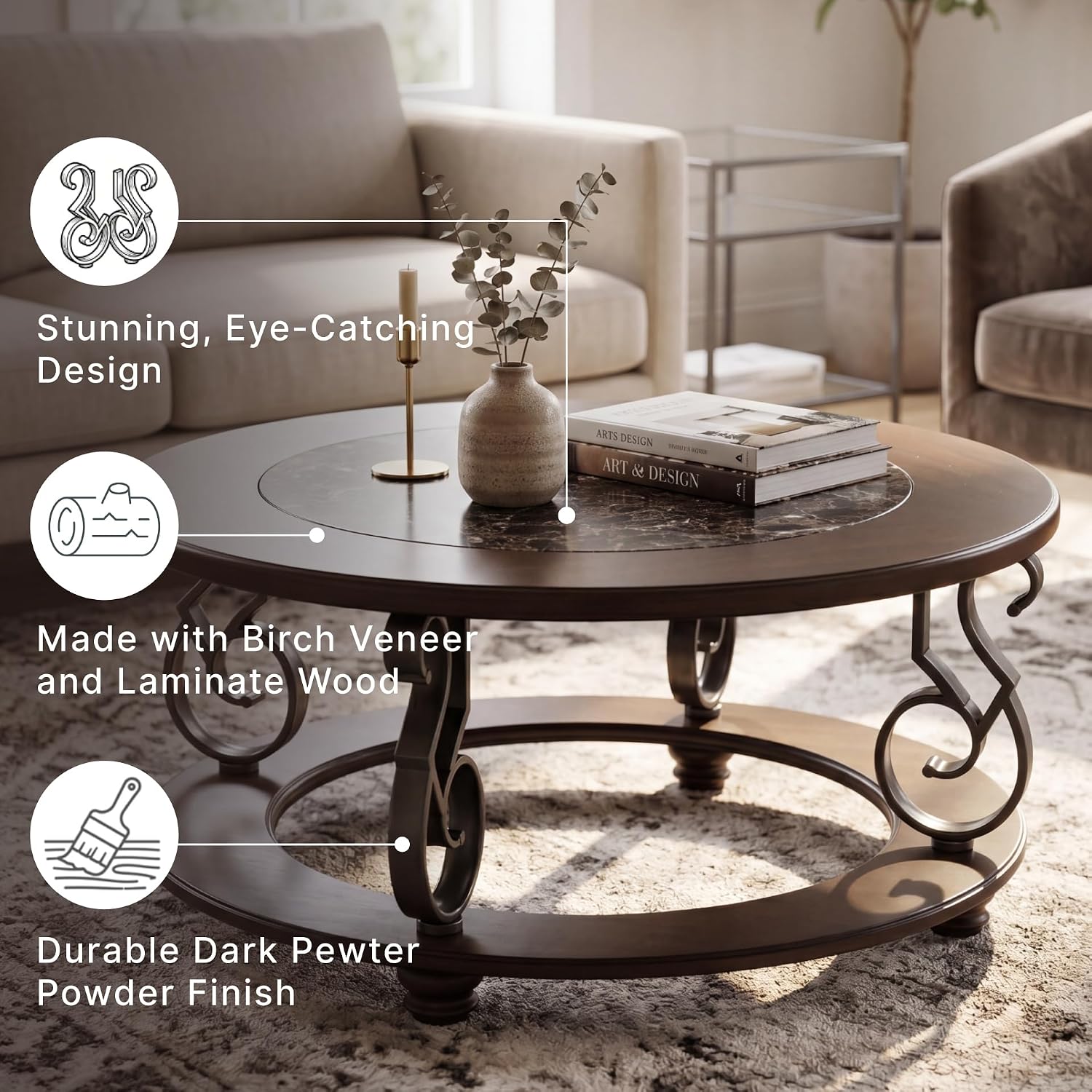 Vintage Classic Coffee Table – Dark Brown Finish with Metal Legs & Bun Feet, Traditional Living Room Center Table